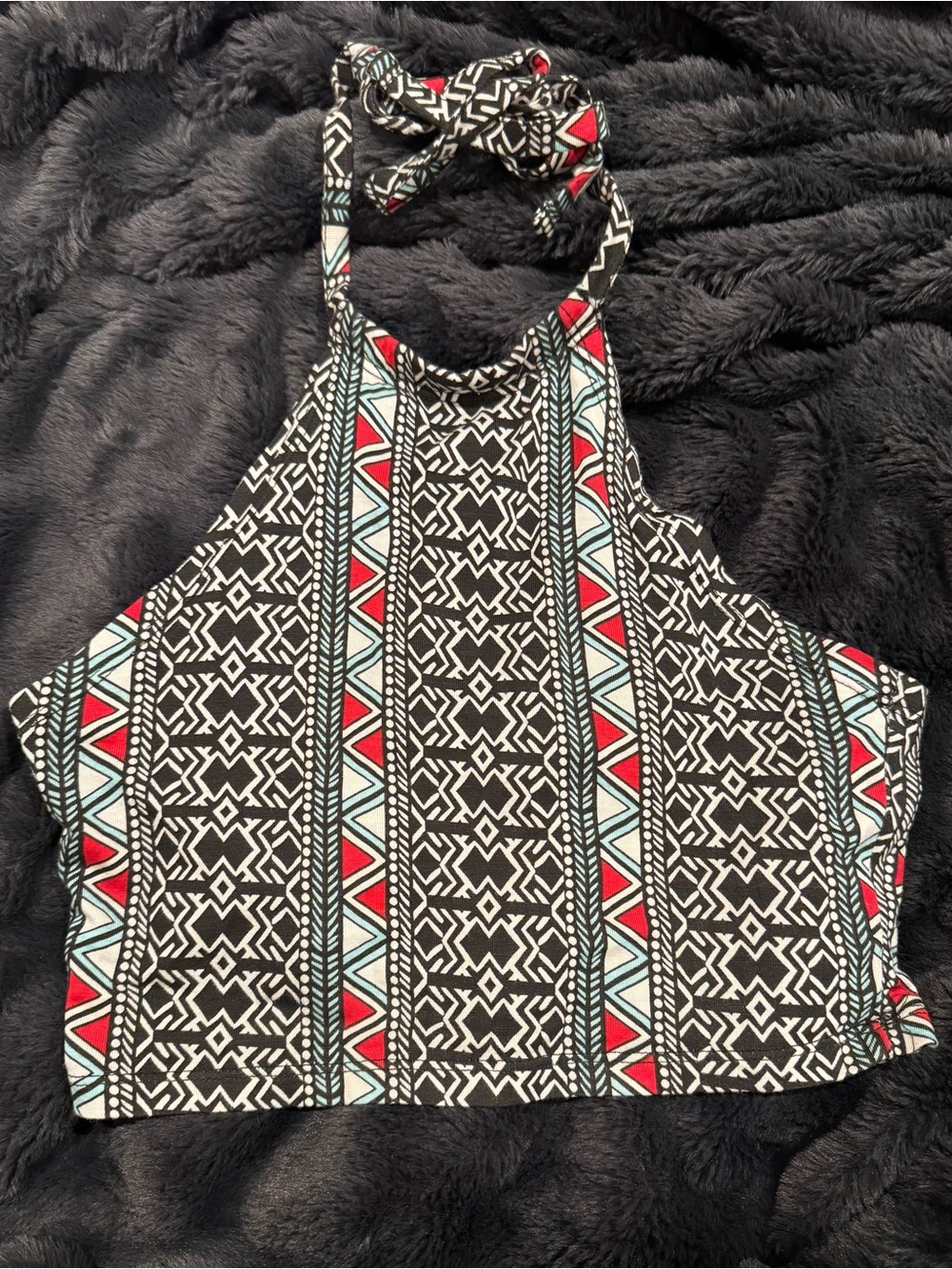 Charlotte Russe Black Geometric Halter Crop Top with Red & Light Blue Accents